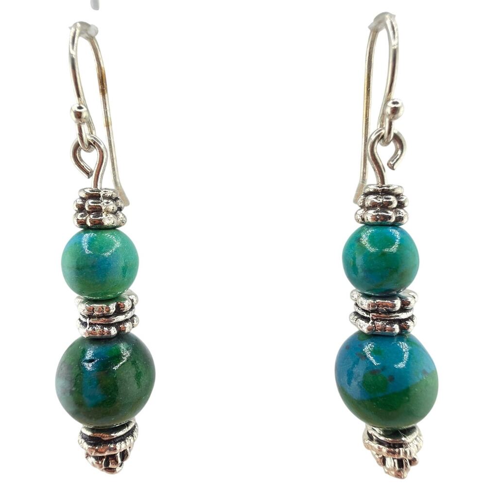 Artisan Handcrafted Azurite and Silver Bead Dangle Earrings